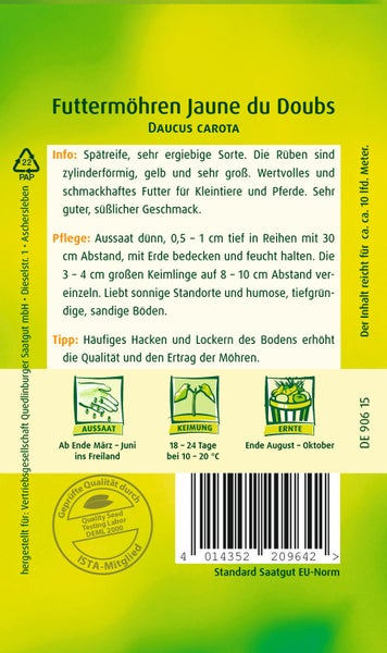 Rückseite der Samentüte für Futtermöhren Jaune du Doubs mit Anbauanweisungen zu Aussaat, Pflege und Ernte sowie dem ISTA-Qualitätssiegel.