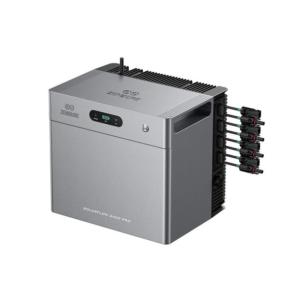 Zendure SolarFlow 2400 Pro Speicher für Balkonkraftwerke mit Zendure Logo, Anschlüssen und Ladestandsanzeige.