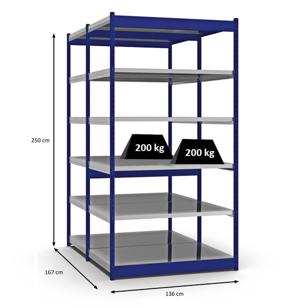 PROREGAL Fachbodenregal Stecksystem Vierkant-Profil Grundregal HxBxT 250 x 132,5 x 80 cm 2x6 Ebenen Doppelseitige Bauart Fachlast 200 kg Enzianblau