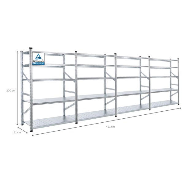PROREGAL Fachbodenregal Stecksystem Proximo Komplettregal HxBxT 200 x 480 x 60 cm 5 Ebenen Fachlast 200 kg Beidseitig Nutzbar Verzinkt