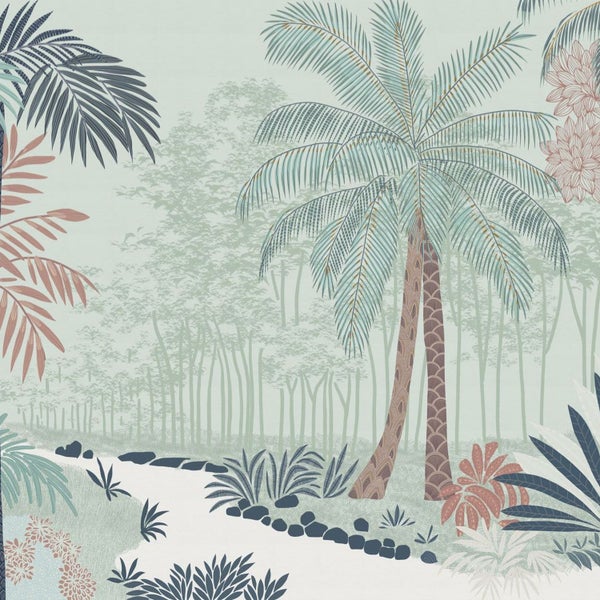 Illustration einer tropischen Landschaft mit Palmen und üppiger Vegetation