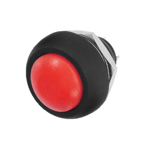 Runder Drucktaster mit rotem Knopf, schwarzem Gehäuse und silberner Sechskantmutter zur Montage.