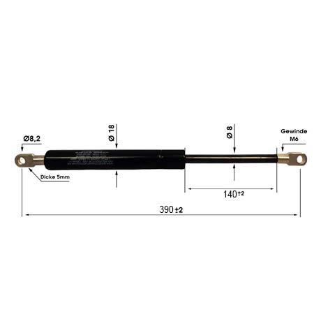 Gasdruckfeder mit Maßen: Gesamtlänge 390 plus minus 2 Millimeter, Hub 140 plus minus 2 Millimeter, Durchmesser 18 Millimeter.
