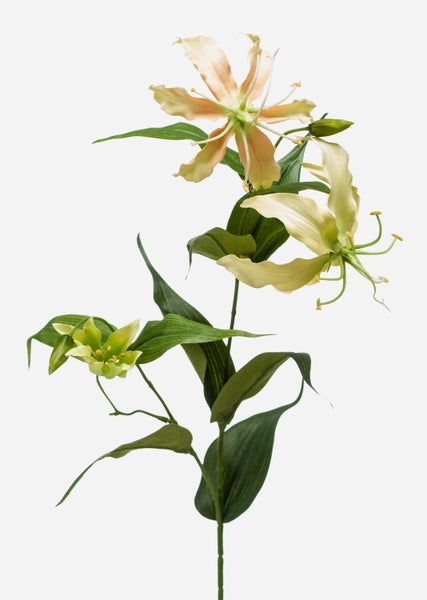 Künstliche Lilie mit cremefarbenen Blüten und grünen Blättern.