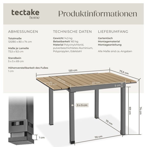 Technische Zeichnung und Produktdaten für den Tectake Home Gartentisch mit Aluminiumrahmen und Lamellenoberfläche aus Kunststoff.