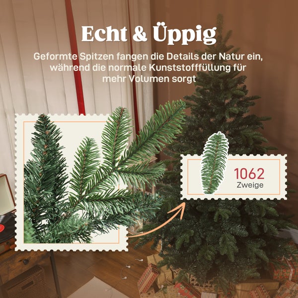 Künstlicher Weihnachtsbaum mit 1062 Zweigen und detailgetreuen Nadelspitzen für ein natürliches Aussehen und viel Volumen.