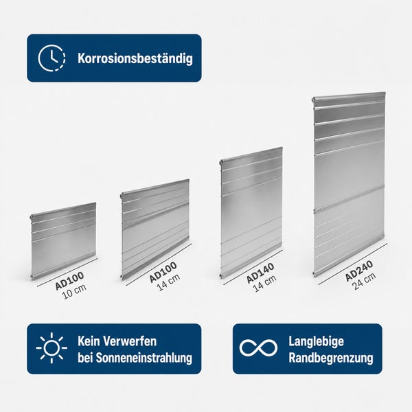 Vier verschiedene Metall Rasenkanten in unterschiedlichen Groessen mit Produktvorteilen wie Korrosionsbestaendigkeit und Stabilitaet.