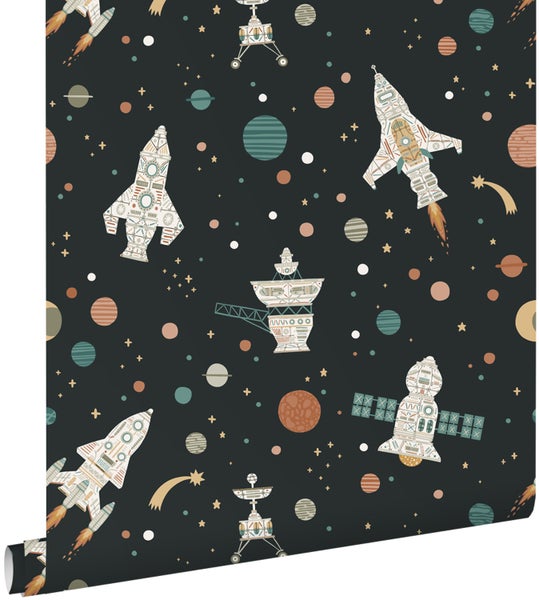 Tapete mit Weltraummotiv, Raketen, Planeten, Sternen und Satelliten.