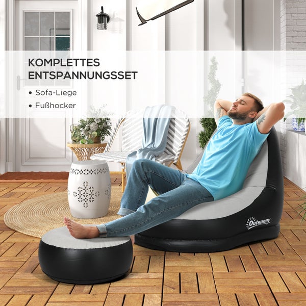 Outsunny Aufblasbares Sofa, Aufblasbarer Sessel mit Fußhocker Luftsofa mit Becherhalter, für Camping, Zuhause, Hellgrau, 125 x 100 x 87 cm