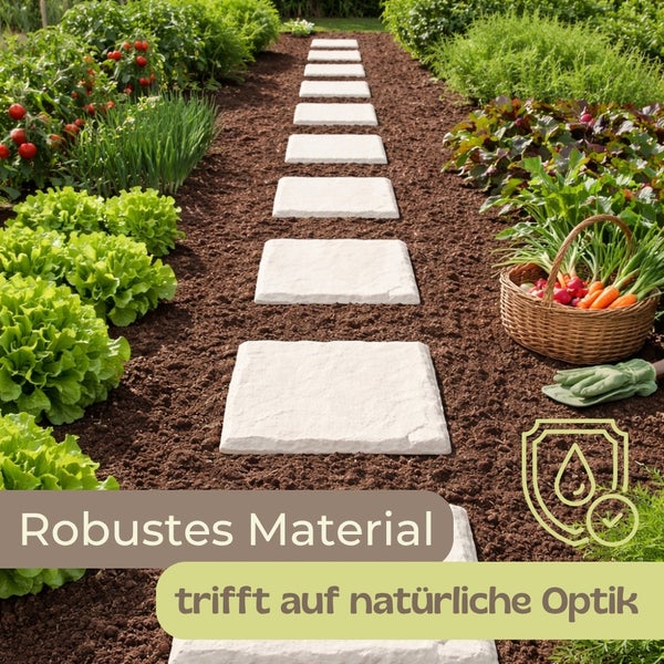 Quadratische Trittsteine in Natursteinoptik als Gartenweg in einem Gemüsegarten mit Salat, Tomaten und einem Erntekorb. Robustes Material.