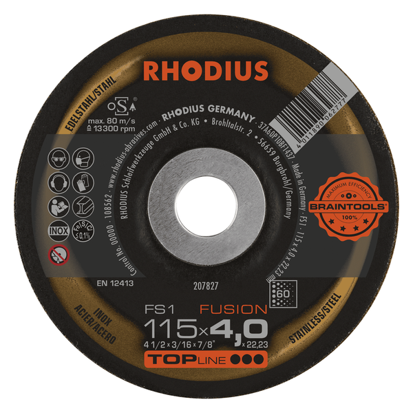 RHODIUS Schruppscheibe FS1 FUSION, 10 Stück, 115 x 4,0 x 22,23 mm, Korn 60, für Edelstahl, Stahl, Metall, TOPline