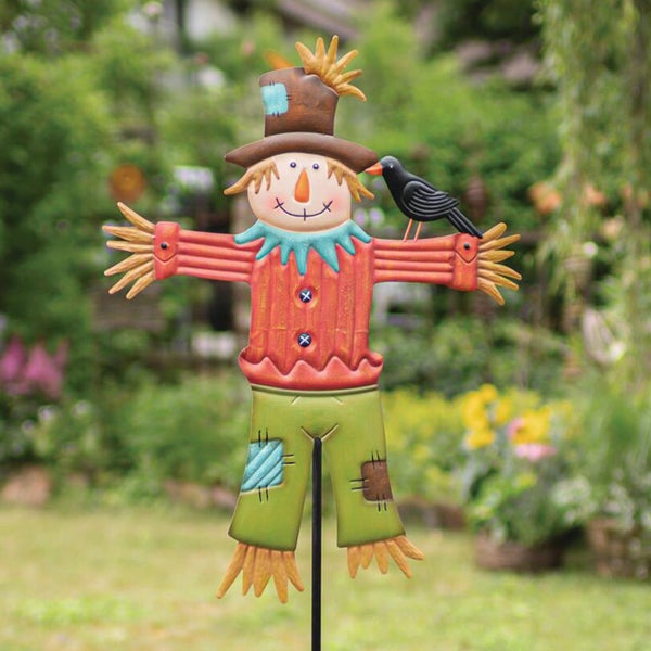 Dekorative Gartenstecker Vogelscheuche aus Metall mit Vogel auf der Schulter zur Garten- und Beetdekoration
