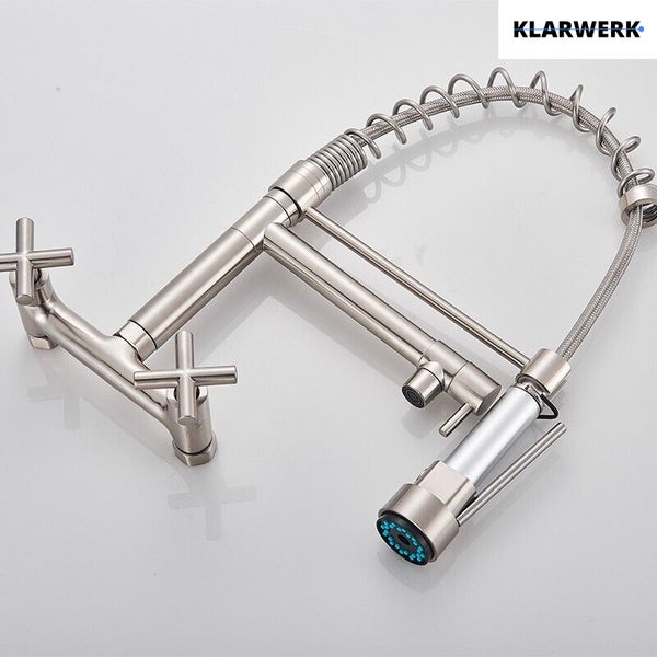 Björn | Gastronomie Wandmontage Armatur Silber gebürstet | Profi Küchenarmatur Edelstahl Zwei Brausen | Doppelspülbecken Wasserhahn Restaurant Wand