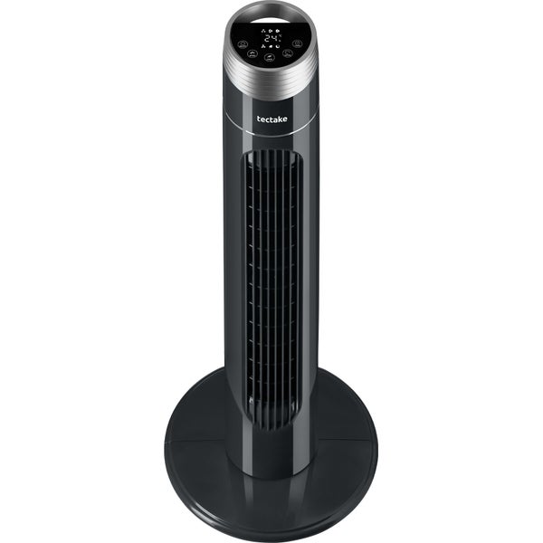 Schwarzer Tectake Turmventilator aus Kunststoff mit digitalem Display und runder Standplatte.