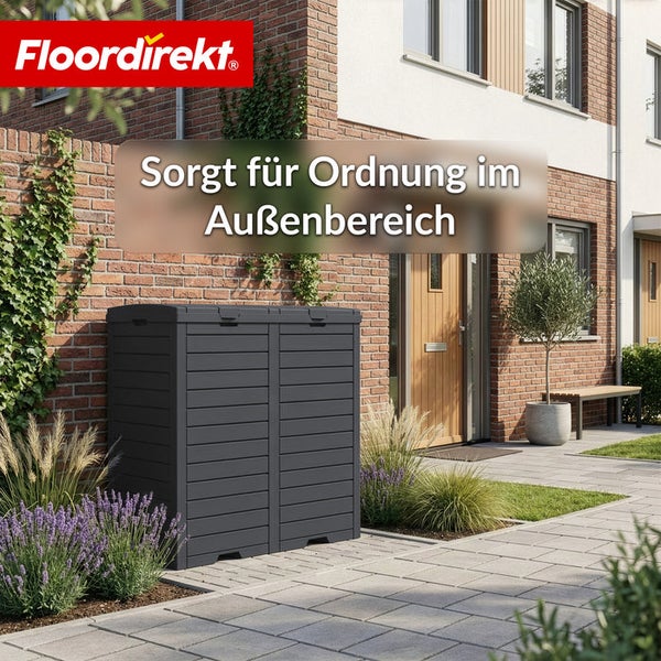 Außenbereich mit einer grauen Aufbewahrungsbox zur Aufbewahrung von Gartenartikeln
