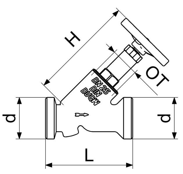 Technische Zeichnung eines Schrägsitzventils mit Maßangaben für Durchmesser, Länge und Höhe.