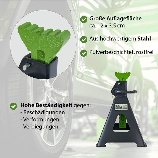 Unterstellbock aus Stahl mit großer Auflagefläche, pulverbeschichtet und rostfrei für hohe Stabilität bei der Fahrzeugreparatur.