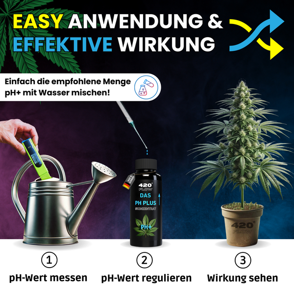Infografik zur Anwendung von 420 Flow pH Plus Konzentrat zur Regulierung des pH-Wertes bei Pflanzen in drei Schritten.