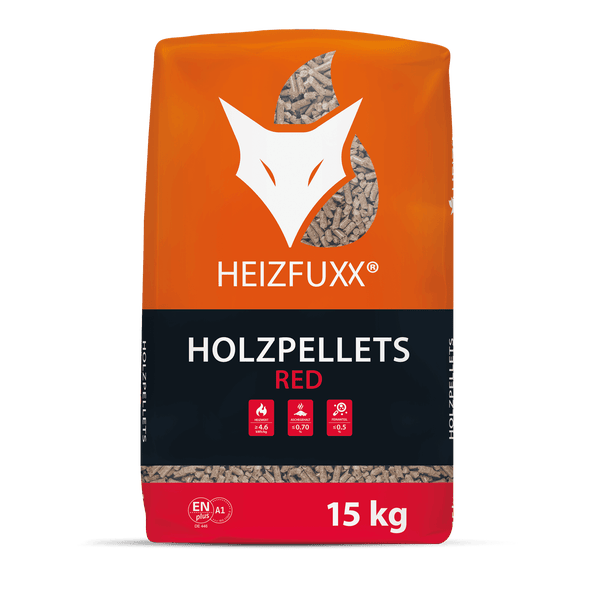 Heizfuxx Logo auf einem 15 Kilogramm Sack Holzpellets Red, zertifiziert nach EN plus A1 mit hohem Heizwert und geringem Aschegehalt.