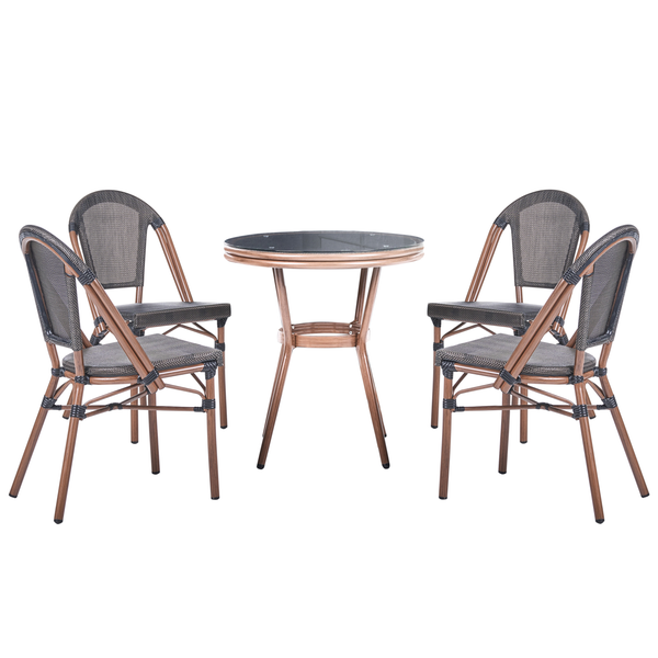 Gartenmöbel-Set bestehend aus einem runden Tisch mit Glasplatte und vier Bistrostühlen mit dunklem Geflecht und Rahmen in Holzoptik.