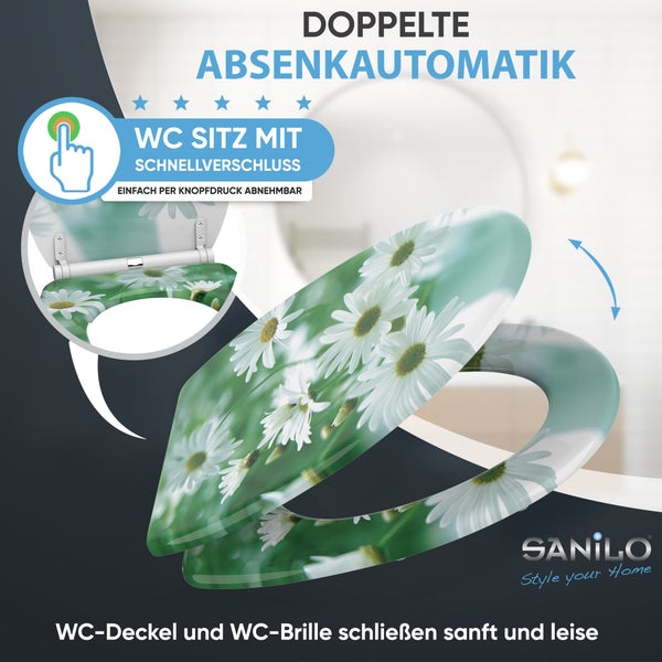 Sanilo WC-Sitz mit Gänseblümchen-Motiv, doppelter Absenkautomatik für sanftes Schließen und Schnellverschluss per Knopfdruck. Sanilo Logo.