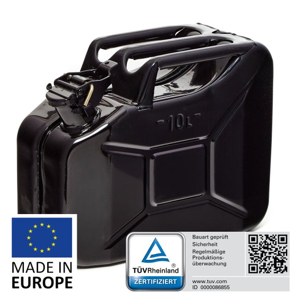 BW® Kraftstoffkanister Metall Benzinkanister 10 Liter - Schwarz - RAL 9005 - TÜV-geprüft und UN-Zulassung - Made in Europe