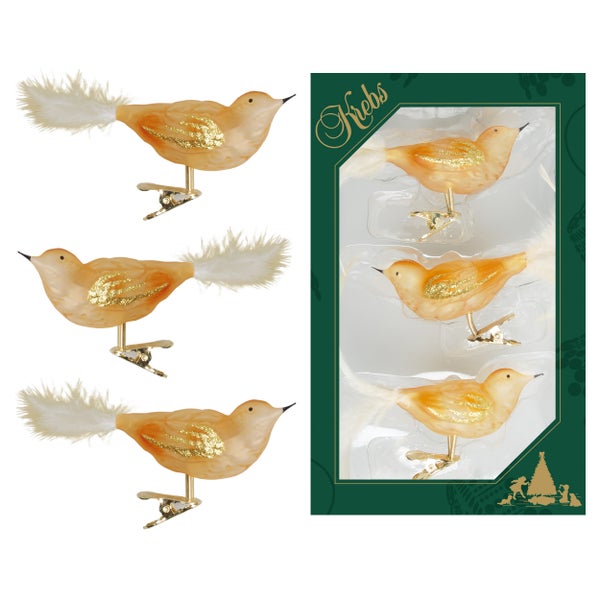Gold schattiert transparent 11cm Glasvögel auf Clip mit 6cm Federschwanz mundgeblasen und handdekoriert, 3 Stck.