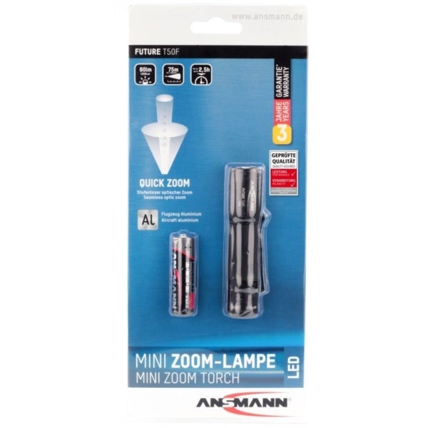 Ansmann Professionelle LED-Taschenlampe mit stufenloser Fokussierung inklusive Alkaline Mignon AA Batterie und abnehmbarem Gürtelclip