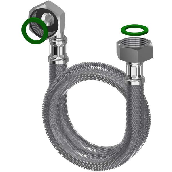 Flexibler Panzerschlauch mit 90 Grad Bogen und zwei Dichtungsringen für Sanitäranschlüsse.