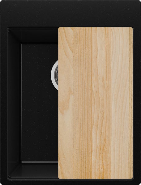 Schwarzes Spülbecken mit Schneidebrett aus Holz