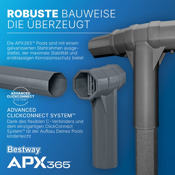 Detailaufnahme des ClickConnect Systems eines Bestway APX365 Pools, das eine einfache Montage durch robuste Stahlrahmenkonstruktion ermöglicht.