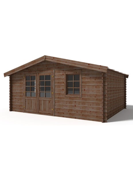 Holzgartenhaus mit Doppelflügeltür und Fenster aus Blockbohlenbauweise