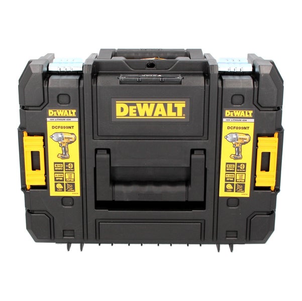 DeWALT Werkzeugkoffer TSTAK für Schlagschrauber DCF899NT aus Kunststoff mit DeWALT Logo, Metallverschlüssen und Tragegriff.
