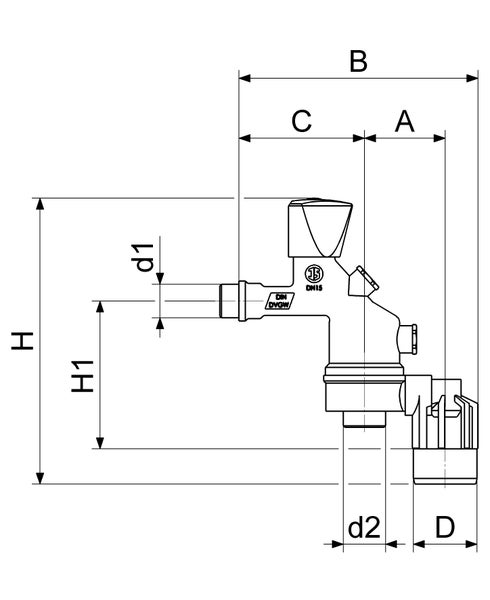 Technische Zeichnung eines Ventils mit Maßangaben für Höhe, Länge und Durchmesser sowie Kennzeichnungen für Zertifizierungen.