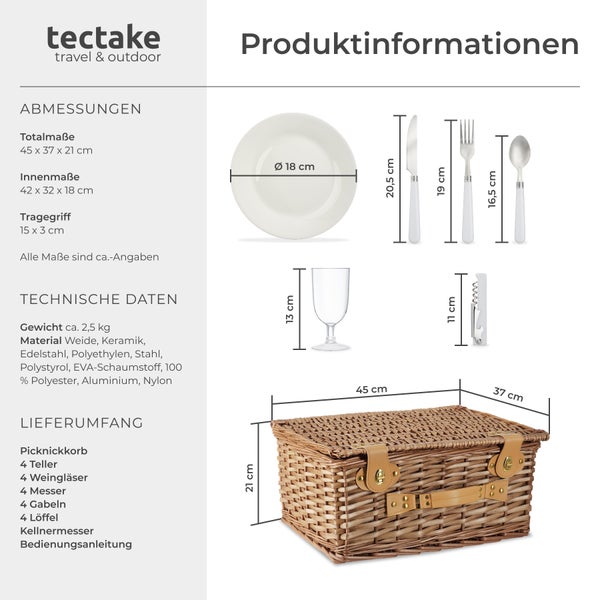 Produktinformationen zu einem Picknickkorb aus Weide mit Geschirr und Gläsern, inklusive Maßangaben
