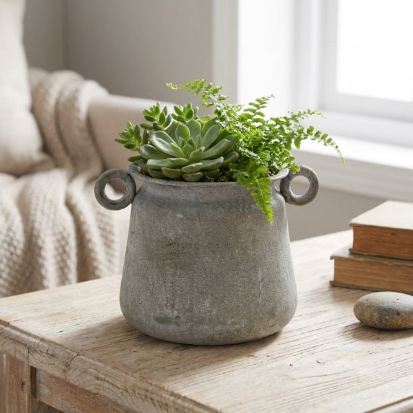 Übertopf Vintage Metall mit Griffen, Grau, Landhausstil