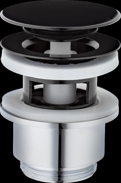 Ablaufgarnitur Push-Open mit schwarzem Ventildeckel und verchromtem Metallgehäuse.