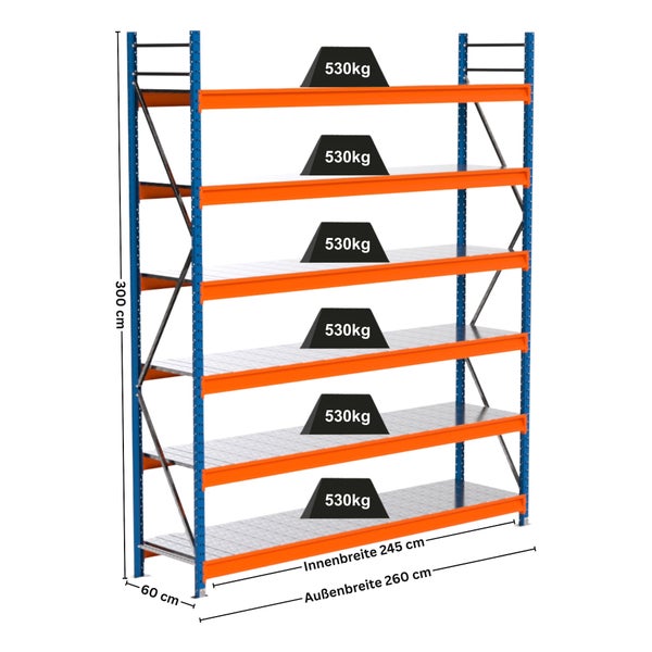 Lagerregal mit fünf Ebenen und einer Traglast von 530 Kilogramm pro Ebene