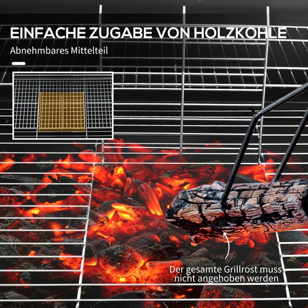 Outsunny Holzkohlegrill aus Metall BBQ Smoker mit Deckel Thermometer Räder verstellbarer Kohlewanne Griff, fahrbar Grillwagen Holzkohle Grill, Kohlegrill für Barbeque Camping, Terrasse, 95x71,5x102 cm