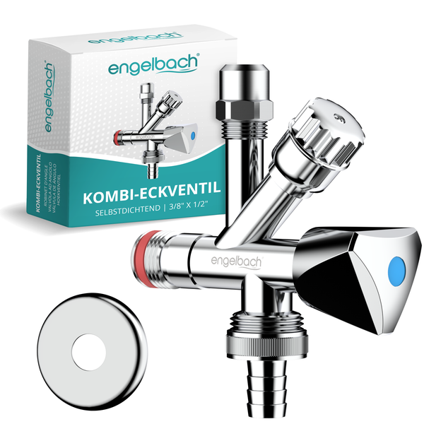 Engelbach® Kombi Eckventil 1/2 Zoll selbstdichtend mit Rückflussverhinderer - Für Kalt- und Warmwasserleitungen mit vielfältigen Anschlussmöglichkeiten