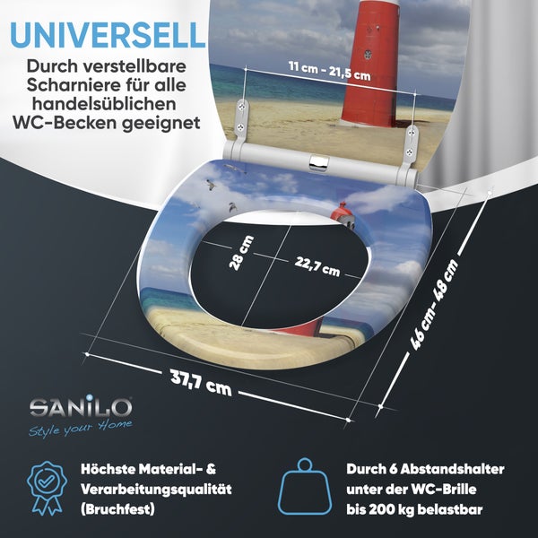 Bruchfester Toilettensitz mit Leuchtturm-Motiv, universell passend, bis 200 Kilogramm belastbar, Maße circa 46 mal 37,7 Zentimeter. Sanilo Logo.