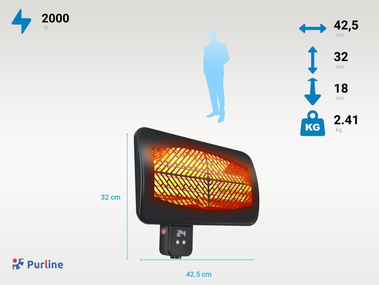 Purline Infrarot Heizstrahler mit den Maßen 42,5 x 32 x 18 cm und einem Gewicht von 2,41 kg. Leistung: 2000 Watt.