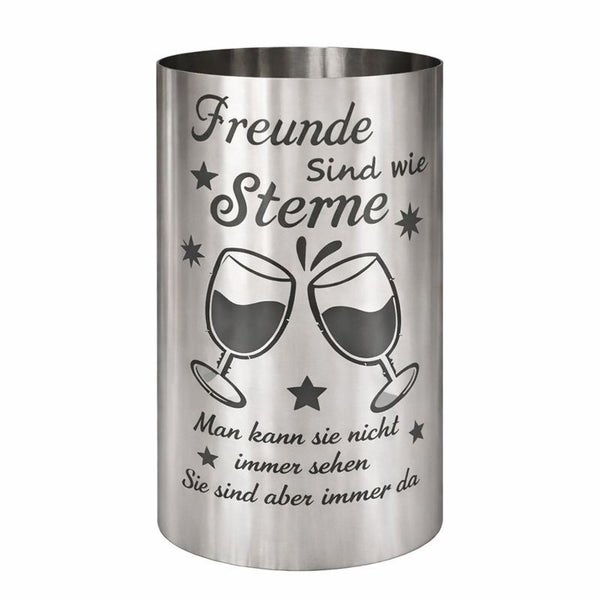 Dekorativer Windlicht-Zylinder mit Freundschafts-Zitat und Weingläser-Motiv