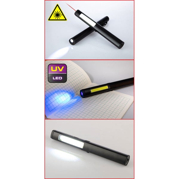 Mehrfachansicht einer Inspektionslampe mit Laserpointer und UV-Licht