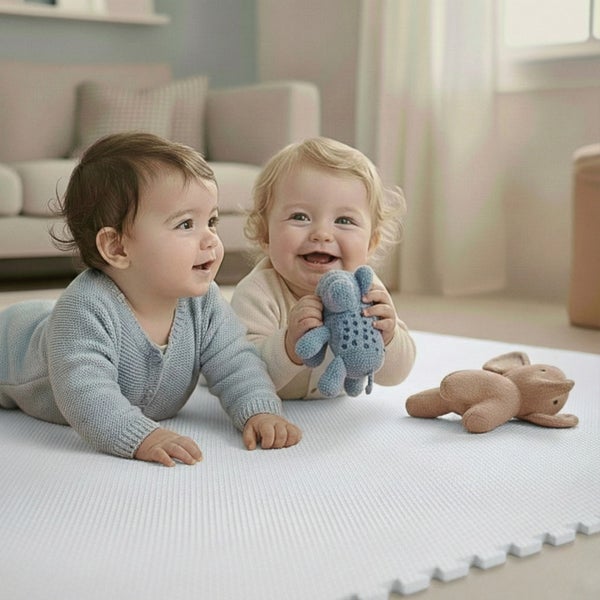 Zwei Babys spielen auf einer hellen Puzzlematte aus Schaumstoff in einem hellen und freundlichen Wohnzimmer.