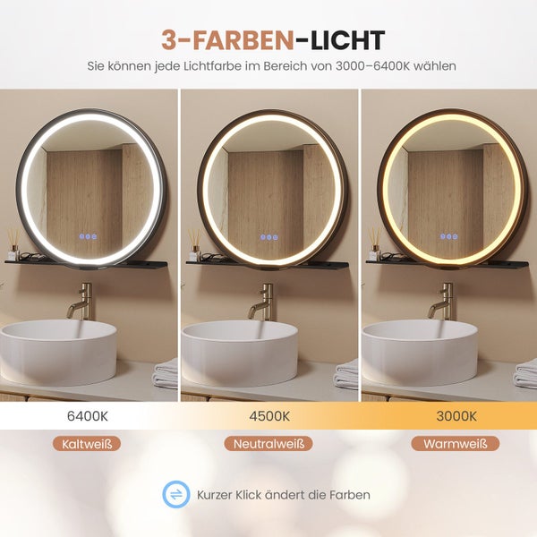 Runder Badezimmerspiegel mit LED Beleuchtung und Ablage, einstellbare Lichtfarbe von 3000 bis 6400 Kelvin für warmweißes bis kaltweißes Licht.