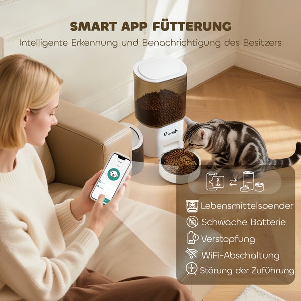 Smarter Futterautomat mit App-Steuerung und Katze beim Fressen