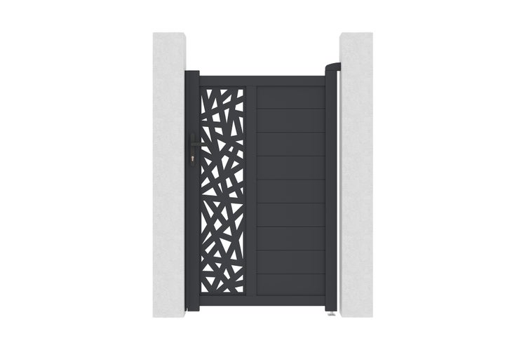 Modernes Gartentor aus Aluminium in Anthrazit mit dekorativem Laserschnitt-Muster und horizontalen Lamellen, inklusive Drückergarnitur und Schloss.