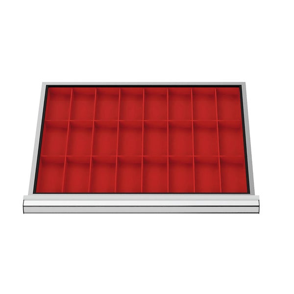 Schubladeneinsatz mit 24 roten Kunststofffächern zur Kleinteileaufbewahrung in Werkzeugschränken.