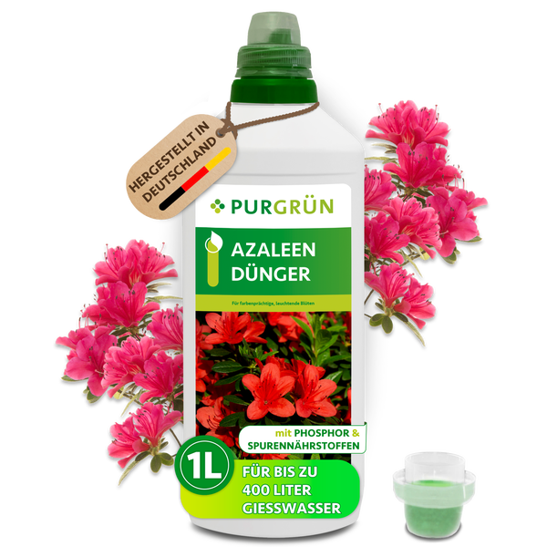 Purgrün Azaleendünger, 1 Liter Flasche Flüssigdünger für Azaleen im Innen- und Außenbereich, präsentiert von einem lächelnden Gärtner.